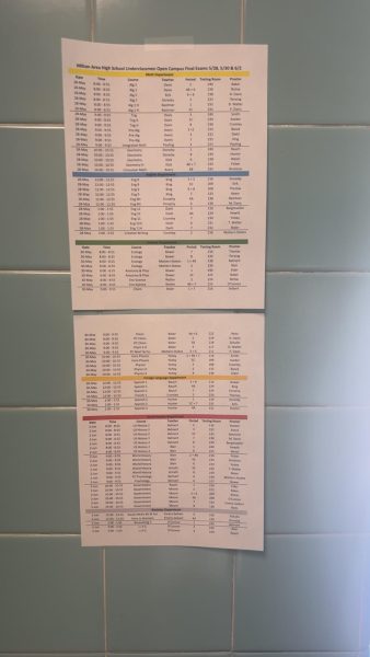 The finals schedule is posted outside Ms. Reichner's room.