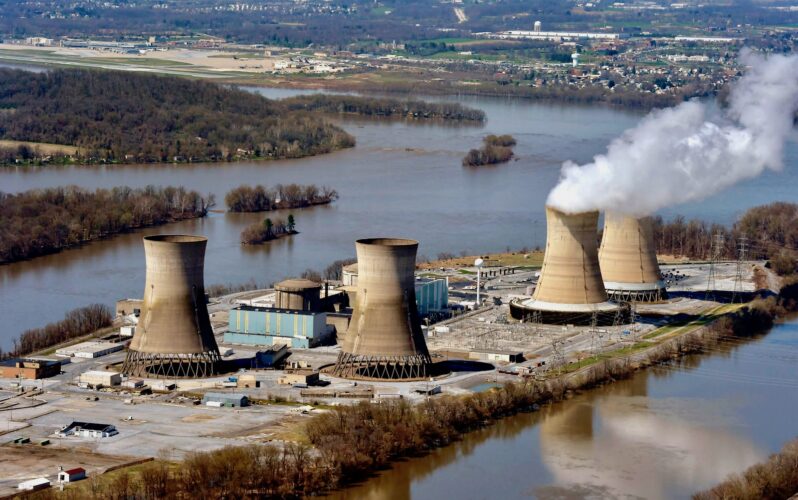 File-This April 18, 2018, file photo shows an aerial view of Three Mile Island, in Dauphin County, Pa.  (Richard Hertzler/LNP/LancasterOnline via AP)